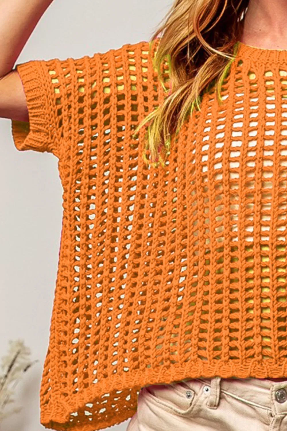 BiBi Hollowed Out Short Sleeve Knit Cover Up in Orange