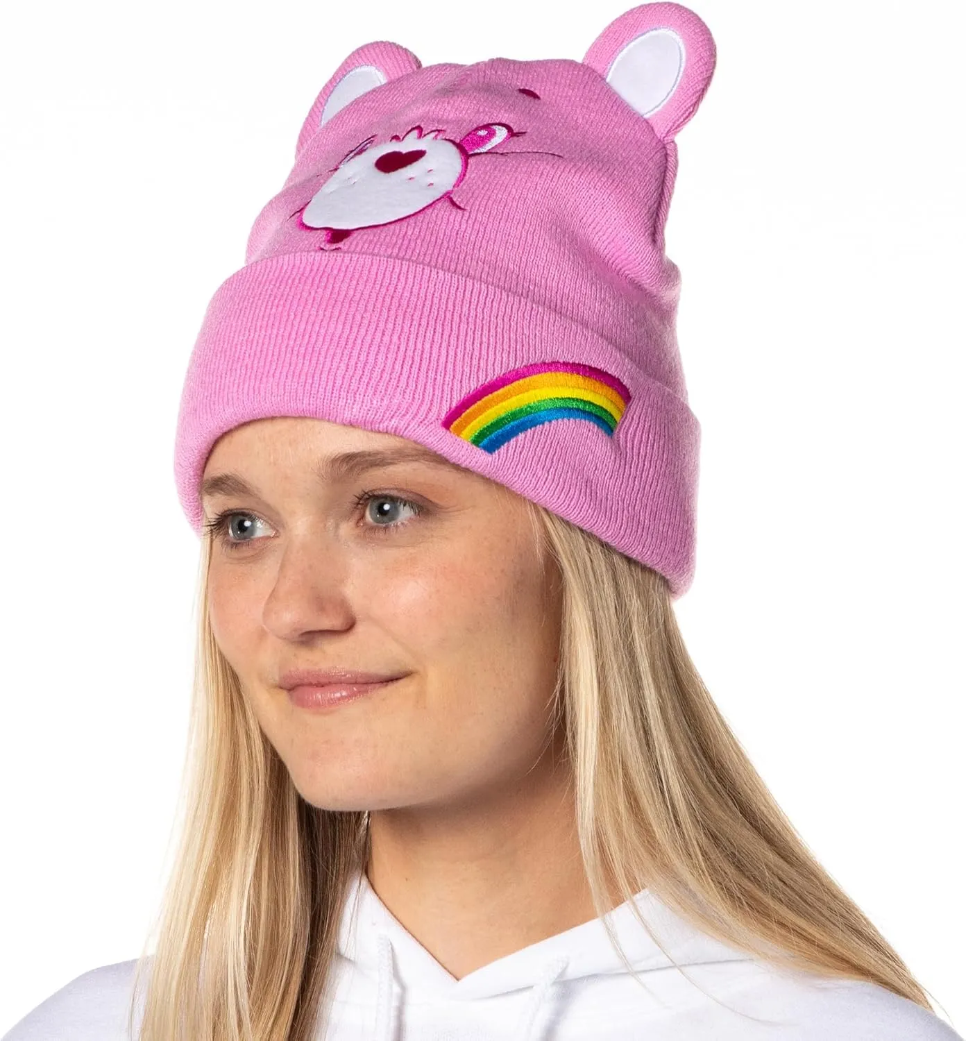 Care Bears Embroidered Face Belly Badges 3D Ears Cuff Knit Adult Beanie