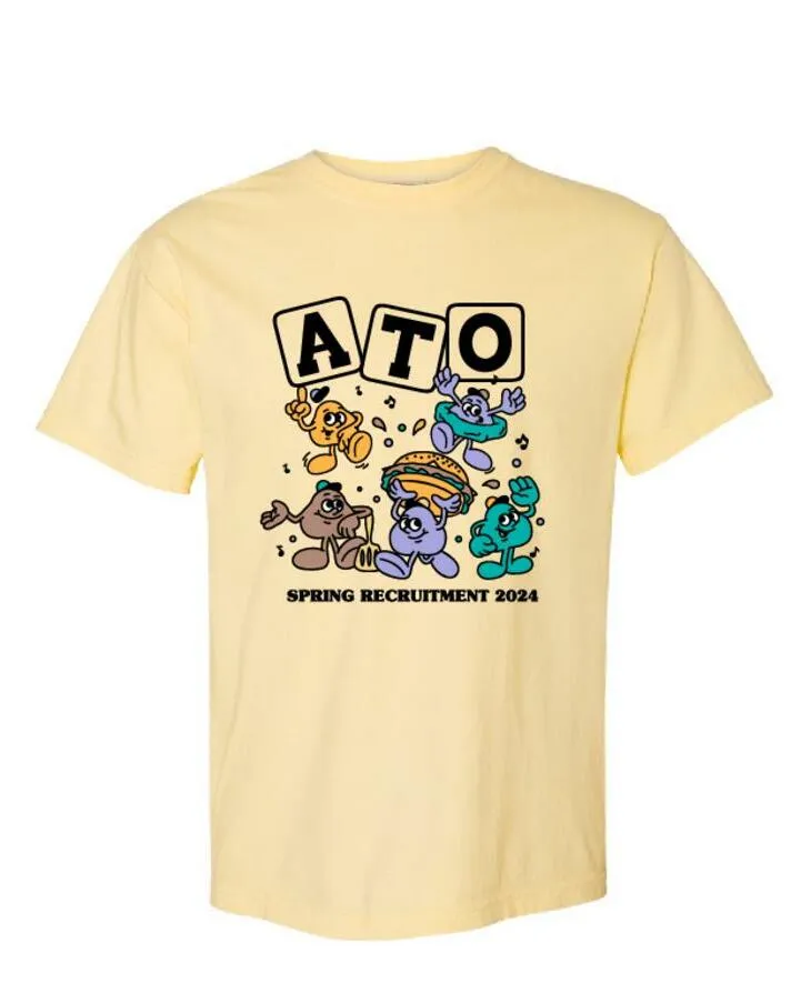 Cartoon Playful Mascots with Hamburger Letter Blocks Spring Recruitment Shirt