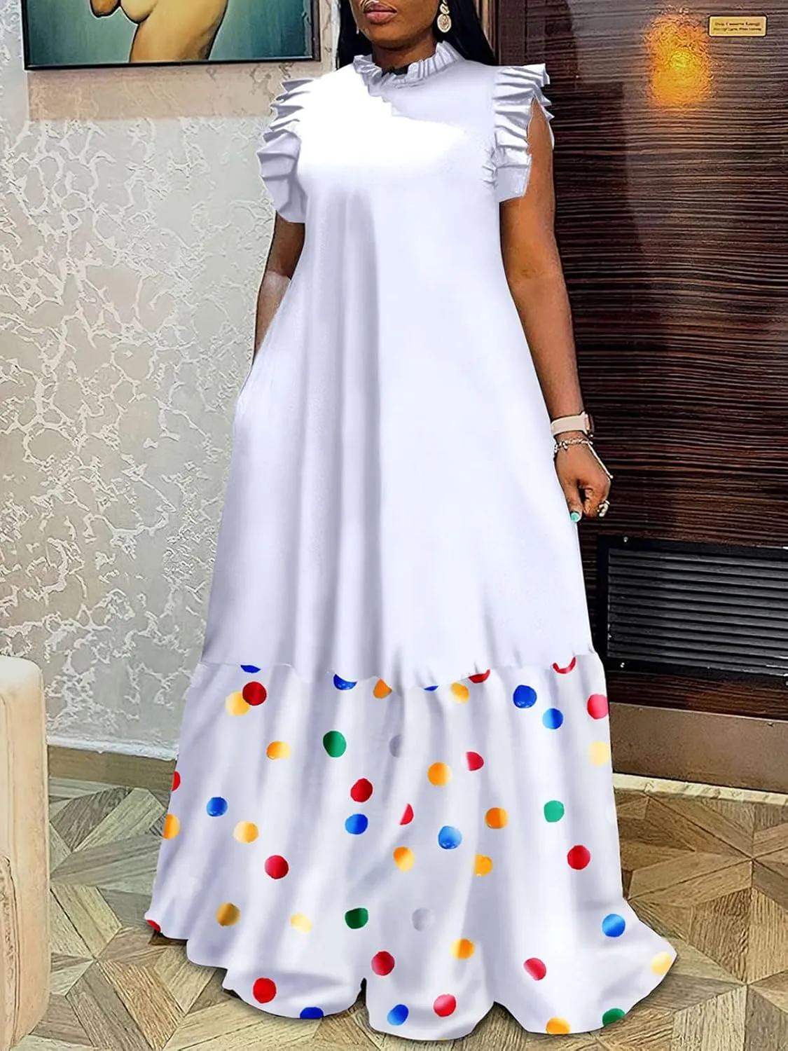 Casual Plus Size Maxi Dress for Women Sleeveless Crewneck Loose A Line Long Dress with Pockets