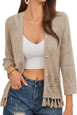 GRACE KARIN Women's 3/4 Sleeve V-Neck Boho Hollowed Out Crochet Knit Shrug Lightweight Cardigan Sweater with Tassels