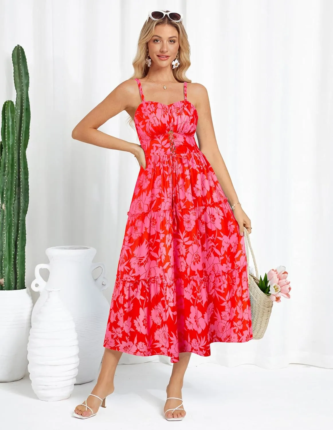 GRACE KARIN Women's Summer Floral Dress 2025 Spaghetti Strap Smocked Tiered Casual Boho Maxi Long Sundress with Pockets