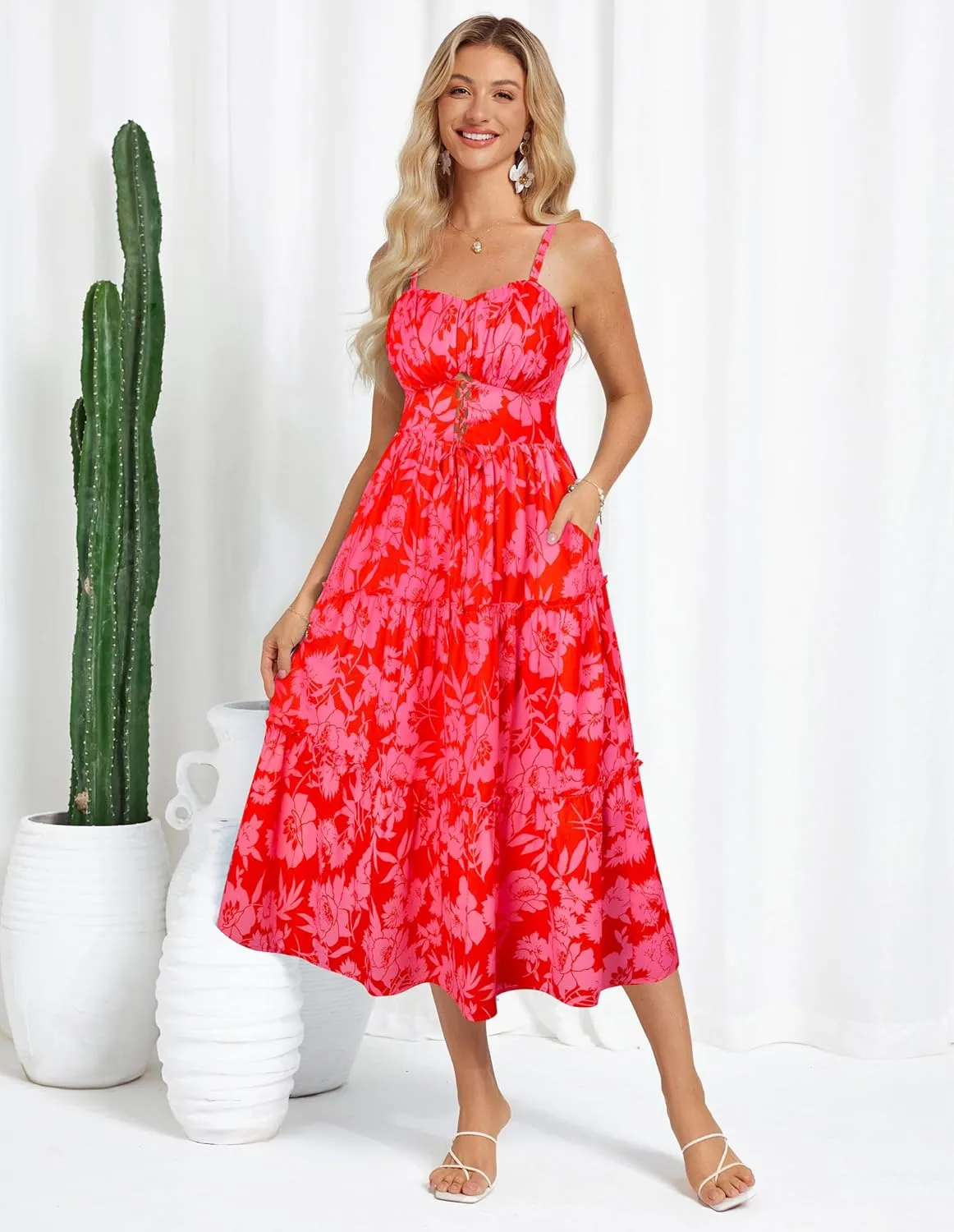 GRACE KARIN Women's Summer Floral Dress 2025 Spaghetti Strap Smocked Tiered Casual Boho Maxi Long Sundress with Pockets