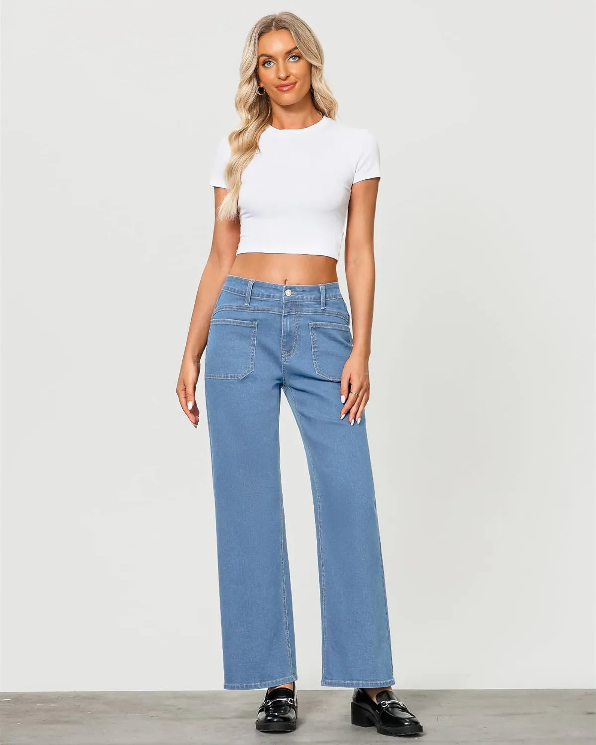 GRAPENT Wide Leg Jeans for Women Trendy High Waisted Loose Straight Leg Stretchy Retro Denim Pants with Pouch Pockets