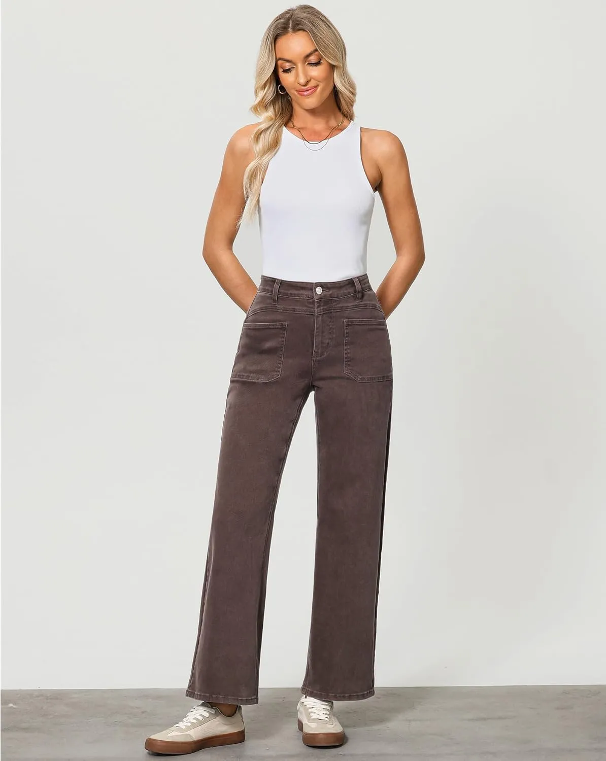 GRAPENT Wide Leg Jeans for Women Trendy High Waisted Loose Straight Leg Stretchy Retro Denim Pants with Pouch Pockets