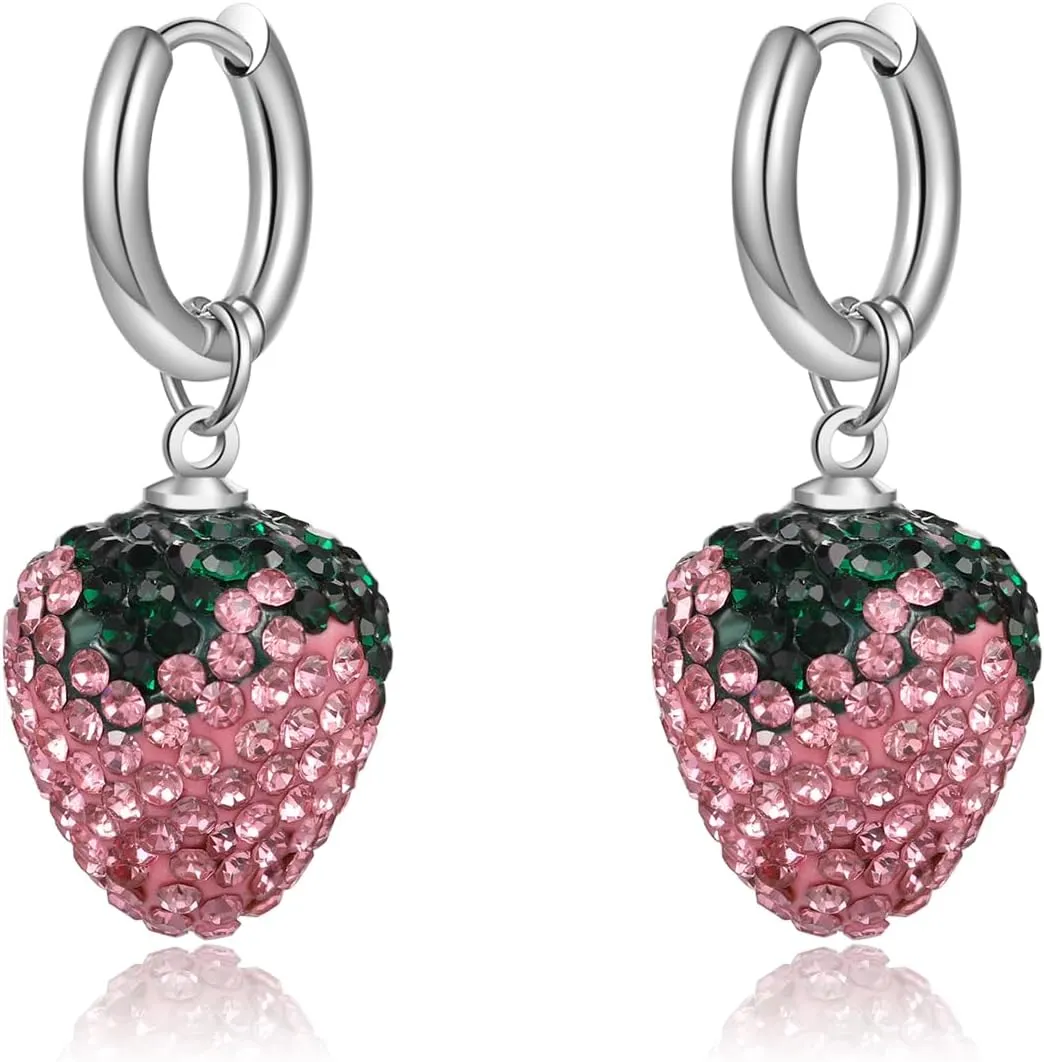 HEYU Strawberry & Cherry Earrings for Women - Cute Cartoon Fun Fruit Drop 3D Red Jewelry Gift Set with Gift Box - Unique Dainty Theme Charm Earrings for Lover, Daughter, Niece