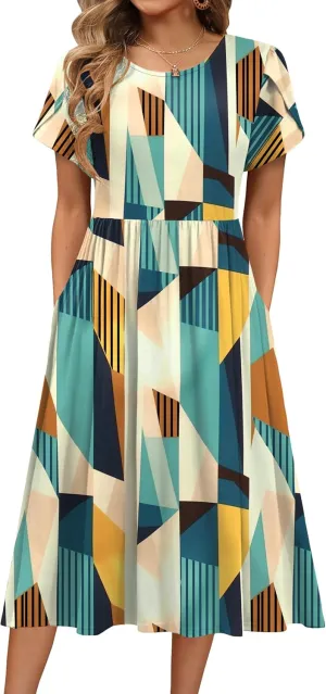 HOTOUCH Women's Summer Short Sleeve A-Line Midi Dresses Casual Floral T-Shirt Dress Flowy Beach Sundress with Pockets