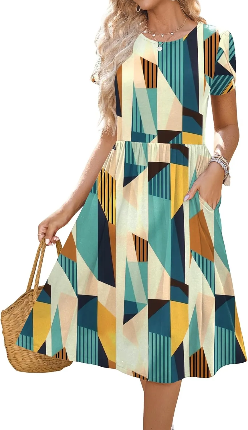 HOTOUCH Women's Summer Short Sleeve A-Line Midi Dresses Casual Floral T-Shirt Dress Flowy Beach Sundress with Pockets