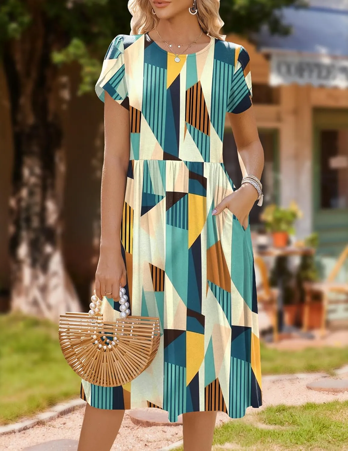 HOTOUCH Women's Summer Short Sleeve A-Line Midi Dresses Casual Floral T-Shirt Dress Flowy Beach Sundress with Pockets