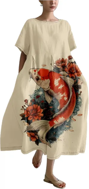 MARSVOVO Japanese Art Dress for Women Vintage Fish Print Short Sleeve Loose Causal Plus Size Summer Dress for Women