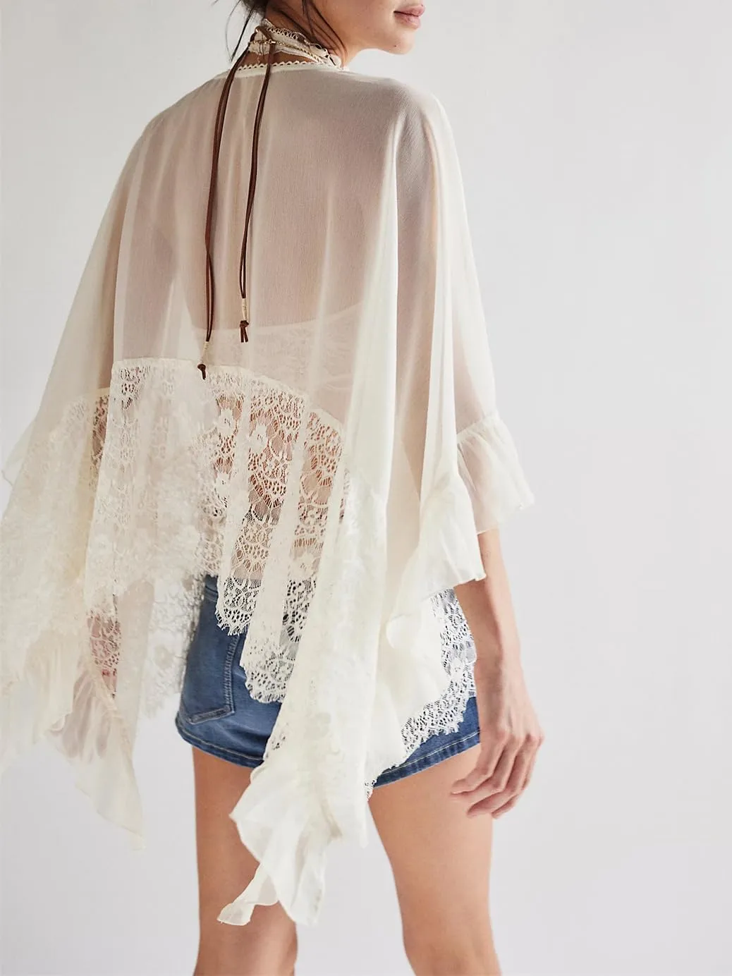 Miqil Women Tie Front Long Sleeve Top Loose Fit Solid Color Ruffle Flowy Chiffon Shirt Y2K Boho Summer Trendy Beach Blouse