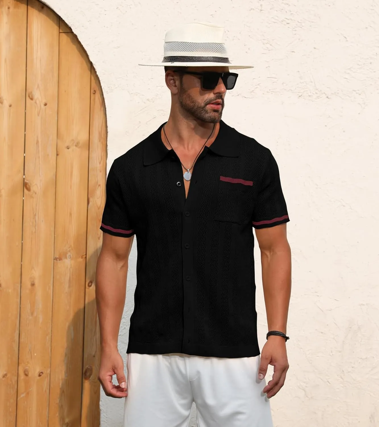 PEGENO Men's Short Sleeve Knit Shirts Button Down Shirt Vintage Casual Polo Shirt Tops