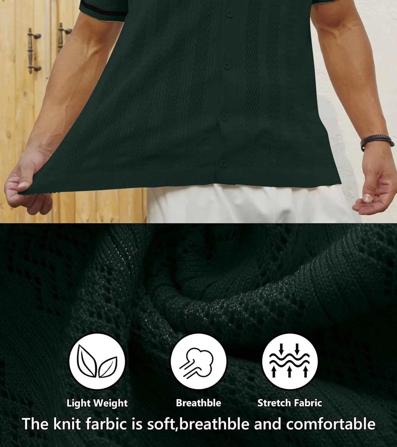 PEGENO Men's Short Sleeve Knit Shirts Button Down Shirt Vintage Casual Polo Shirt Tops