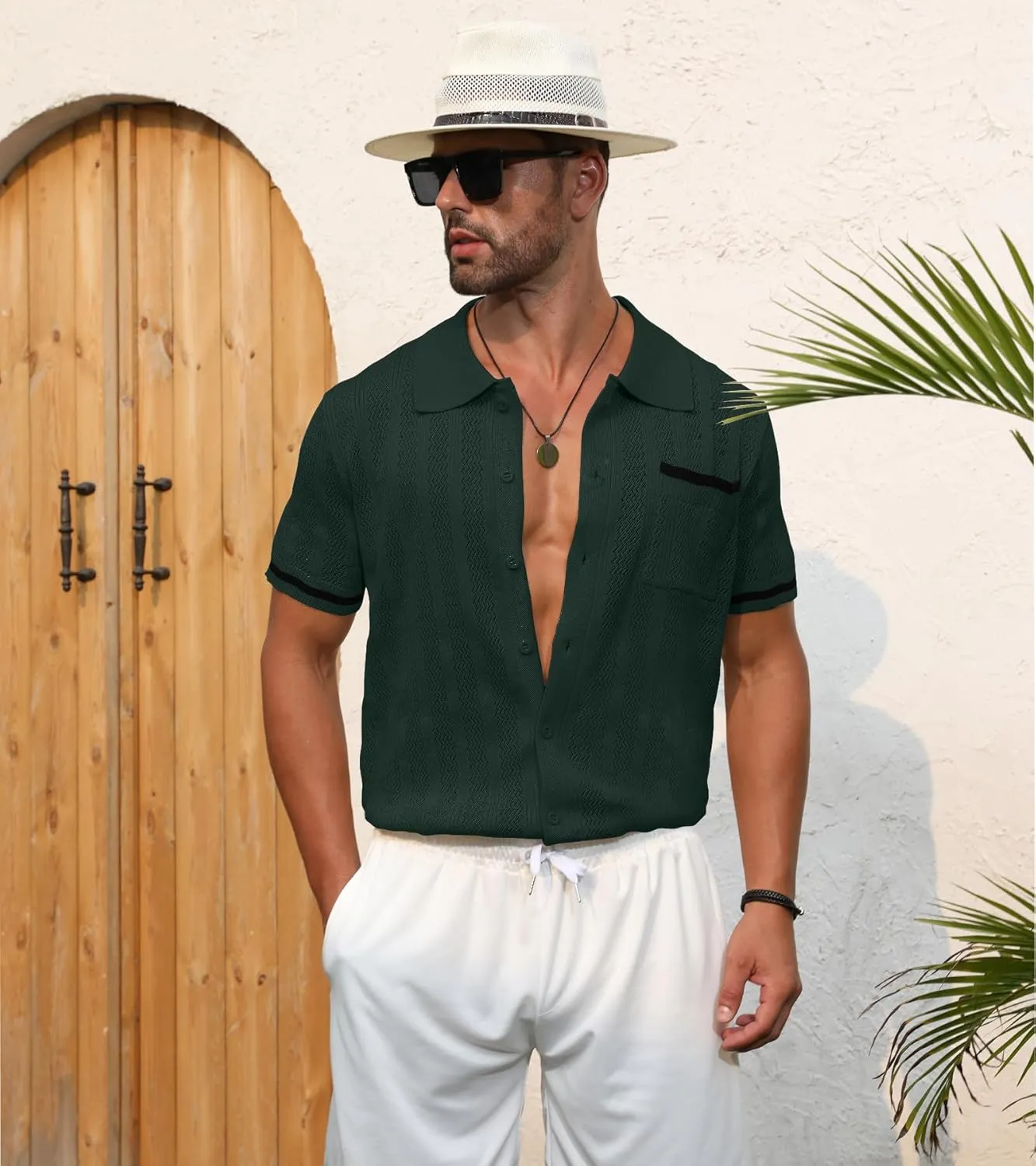 PEGENO Men's Short Sleeve Knit Shirts Button Down Shirt Vintage Casual Polo Shirt Tops