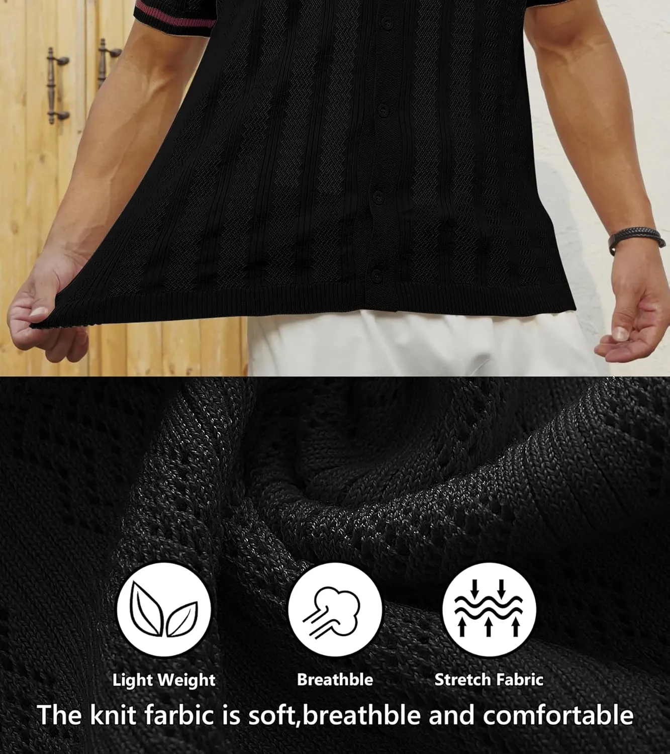 PEGENO Men's Short Sleeve Knit Shirts Button Down Shirt Vintage Casual Polo Shirt Tops