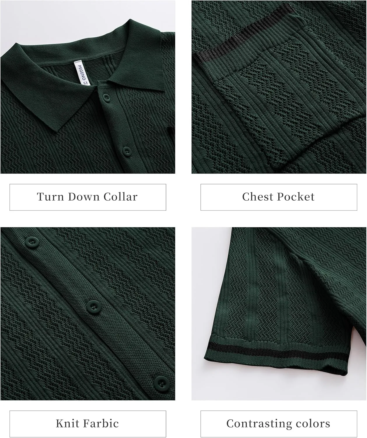 PEGENO Men's Short Sleeve Knit Shirts Button Down Shirt Vintage Casual Polo Shirt Tops