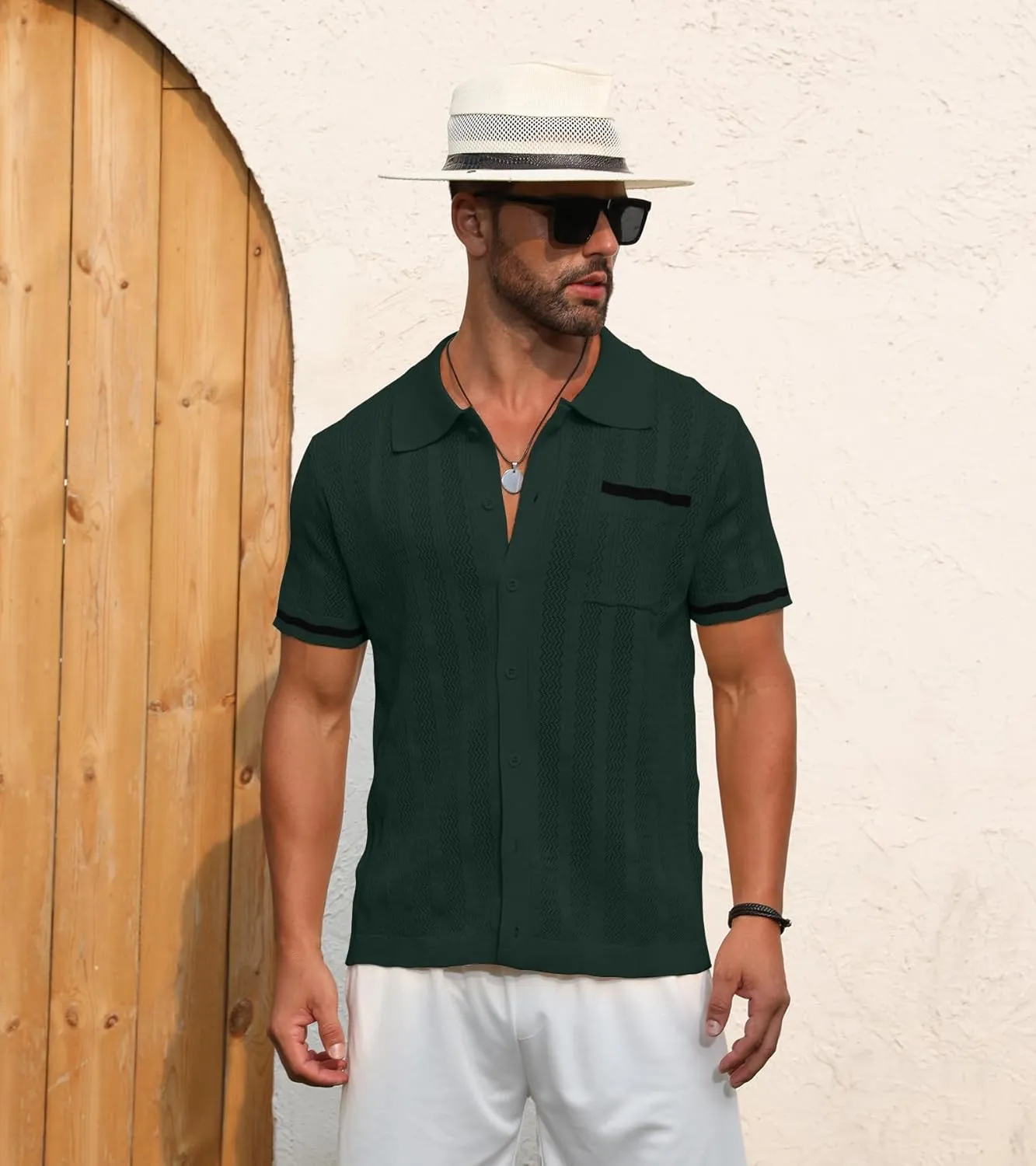 PEGENO Men's Short Sleeve Knit Shirts Button Down Shirt Vintage Casual Polo Shirt Tops