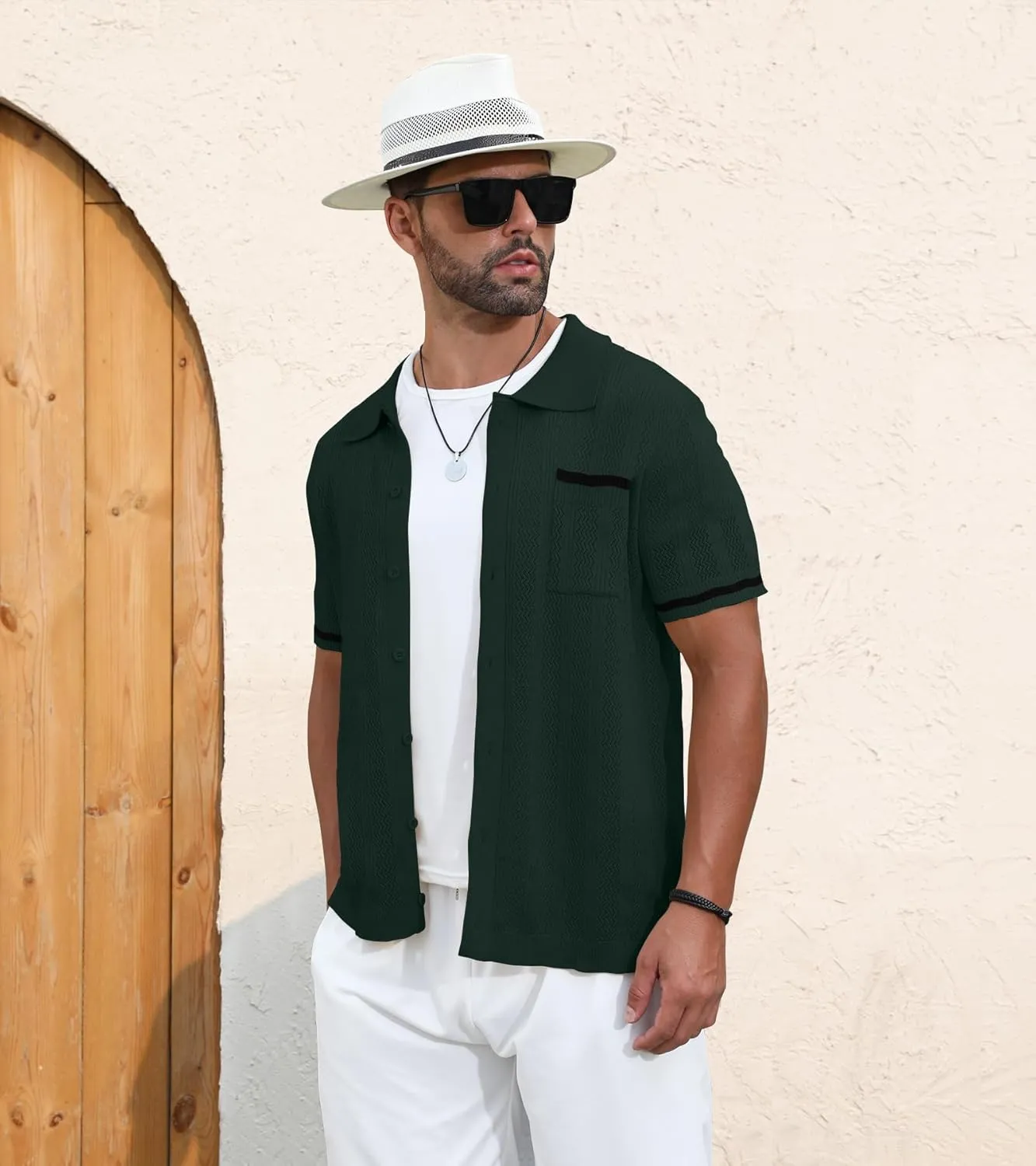PEGENO Men's Short Sleeve Knit Shirts Button Down Shirt Vintage Casual Polo Shirt Tops