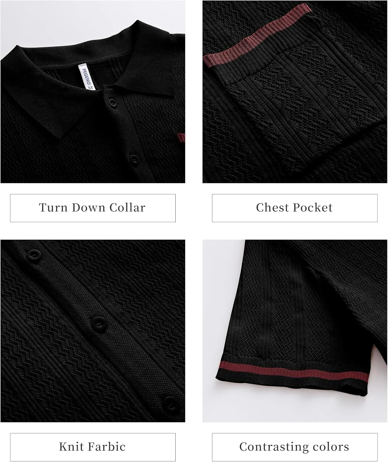 PEGENO Men's Short Sleeve Knit Shirts Button Down Shirt Vintage Casual Polo Shirt Tops