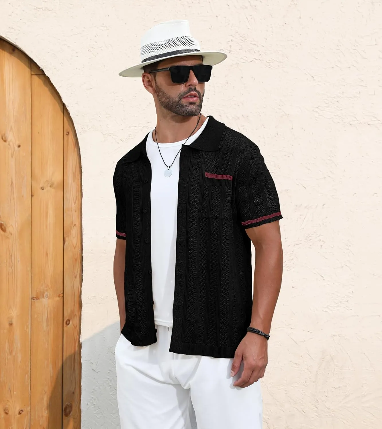 PEGENO Men's Short Sleeve Knit Shirts Button Down Shirt Vintage Casual Polo Shirt Tops