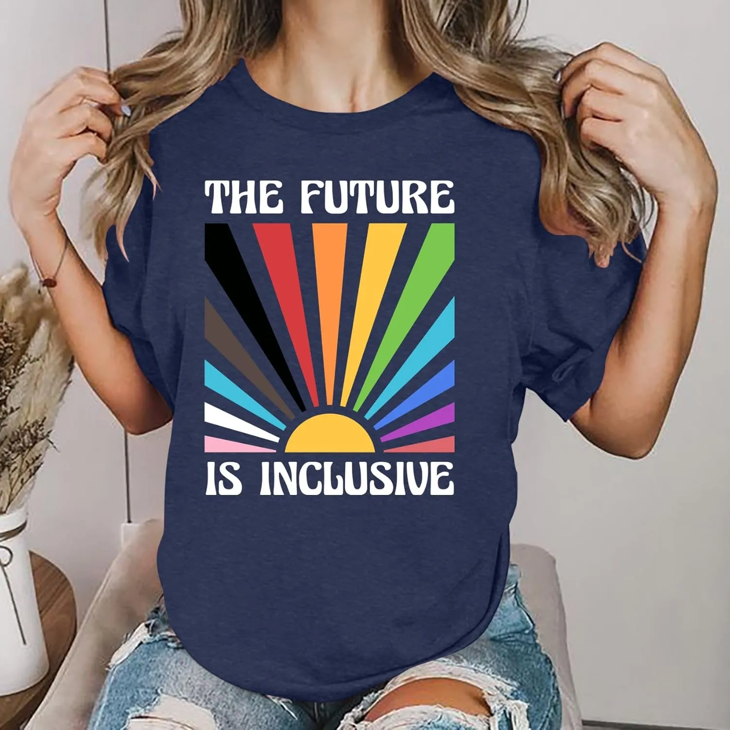 Pride Shirts for Women Rainbow Tee Shirt The Future is Inclusive Letter Print Short Sleeve LGBTQ Casual Tops