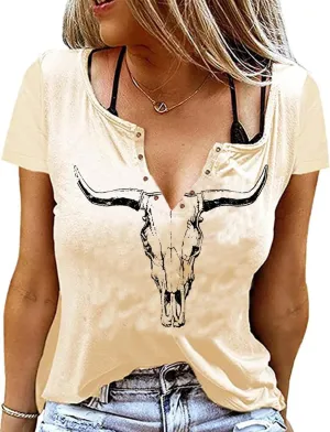 Retro Western Cowboy Shirt Women Country Music Cute Cattle Skull Graphic Concert Outfit Tops