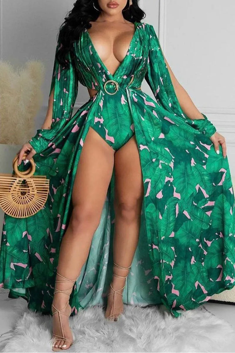 Sexy Print Hollowed Out Backless V Neck Asymmetrical Dresses