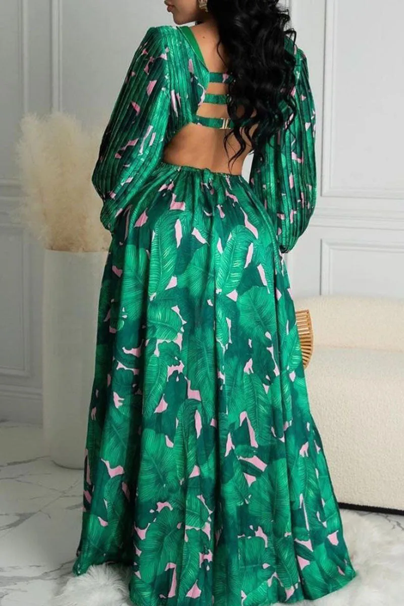 Sexy Print Hollowed Out Backless V Neck Asymmetrical Dresses