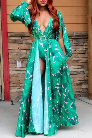 Sexy Print Hollowed Out Backless V Neck Asymmetrical Dresses