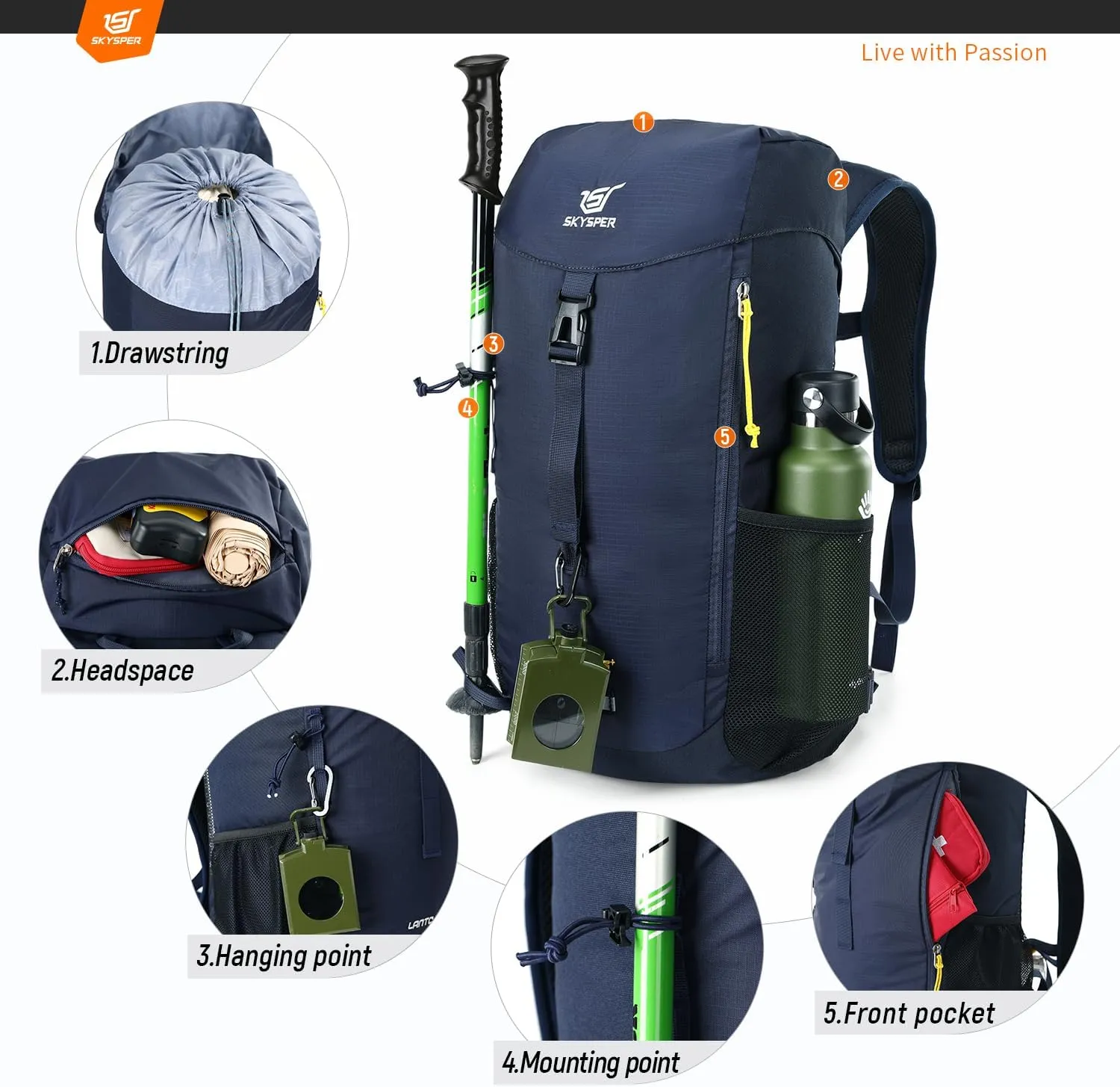 SKYSPER Hiking Backpack Small, 25L Lightweight Travel Daypack Breathable Backpacking Backpacks for Men Women