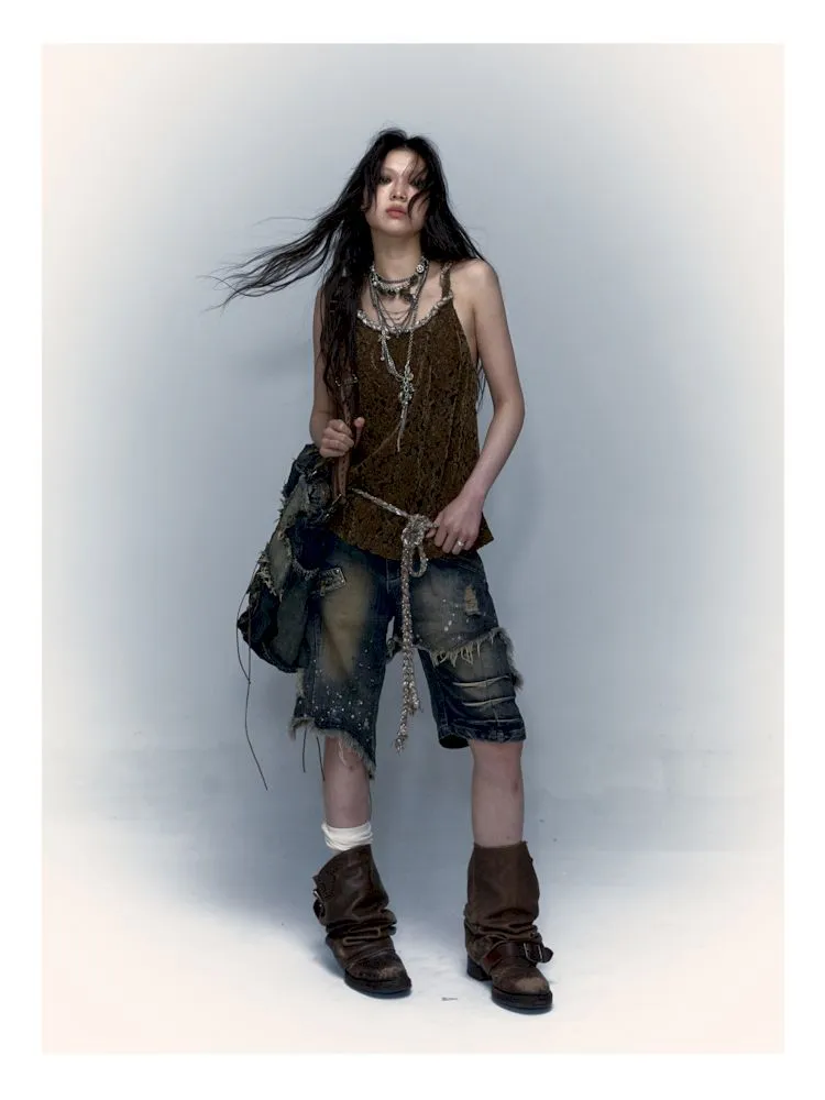 Slouchy Old Hollowed Out Loose Flocked Lace Vest【s0000008134】