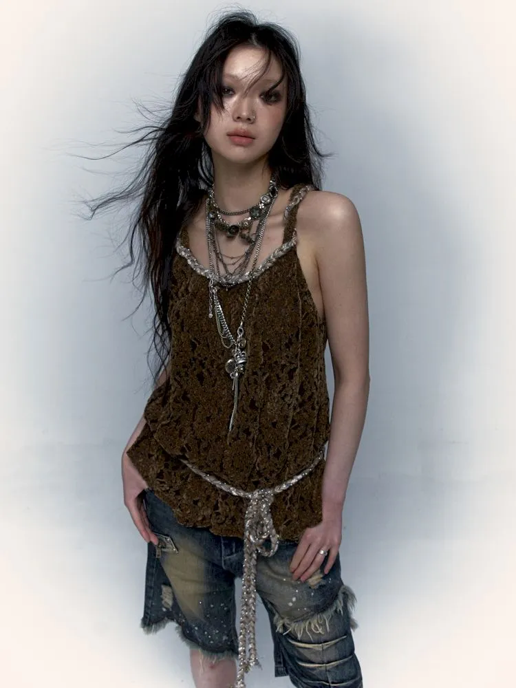 Slouchy Old Hollowed Out Loose Flocked Lace Vest【s0000008134】