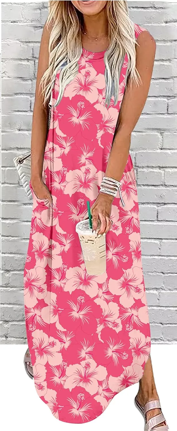 Summer Dresses for Women 2025 Beach Vacation Dress Boho Floral Sundresses Ladies Tropical Pockets Maxi Dress