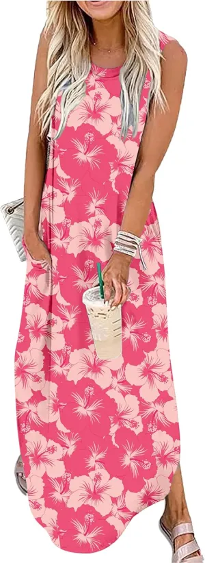 Summer Dresses for Women 2025 Beach Vacation Dress Boho Floral Sundresses Ladies Tropical Pockets Maxi Dress