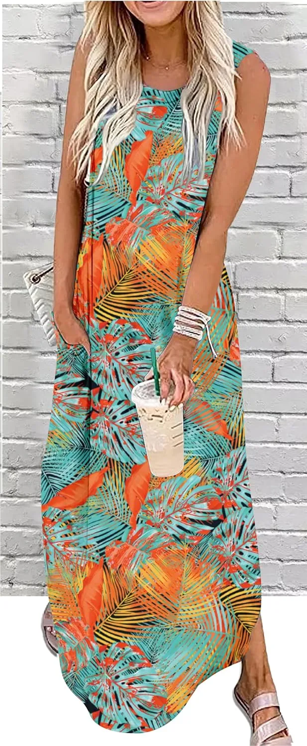 Summer Dresses for Women 2025 Beach Vacation Dress Boho Floral Sundresses Ladies Tropical Pockets Maxi Dress