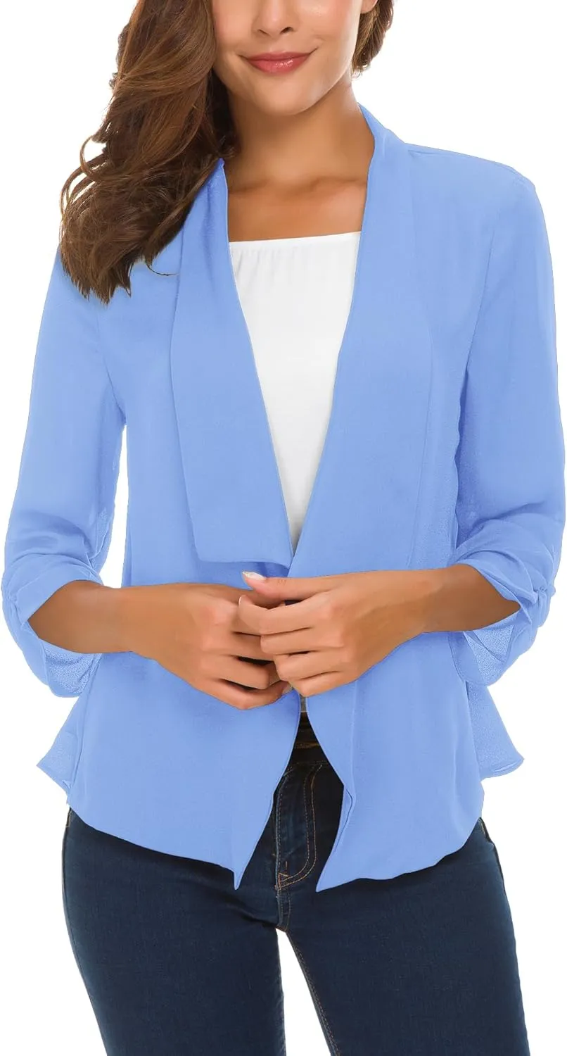 Urban CoCo Women's Ruched Sleeve Lightweight Thin Chiffon Blazer