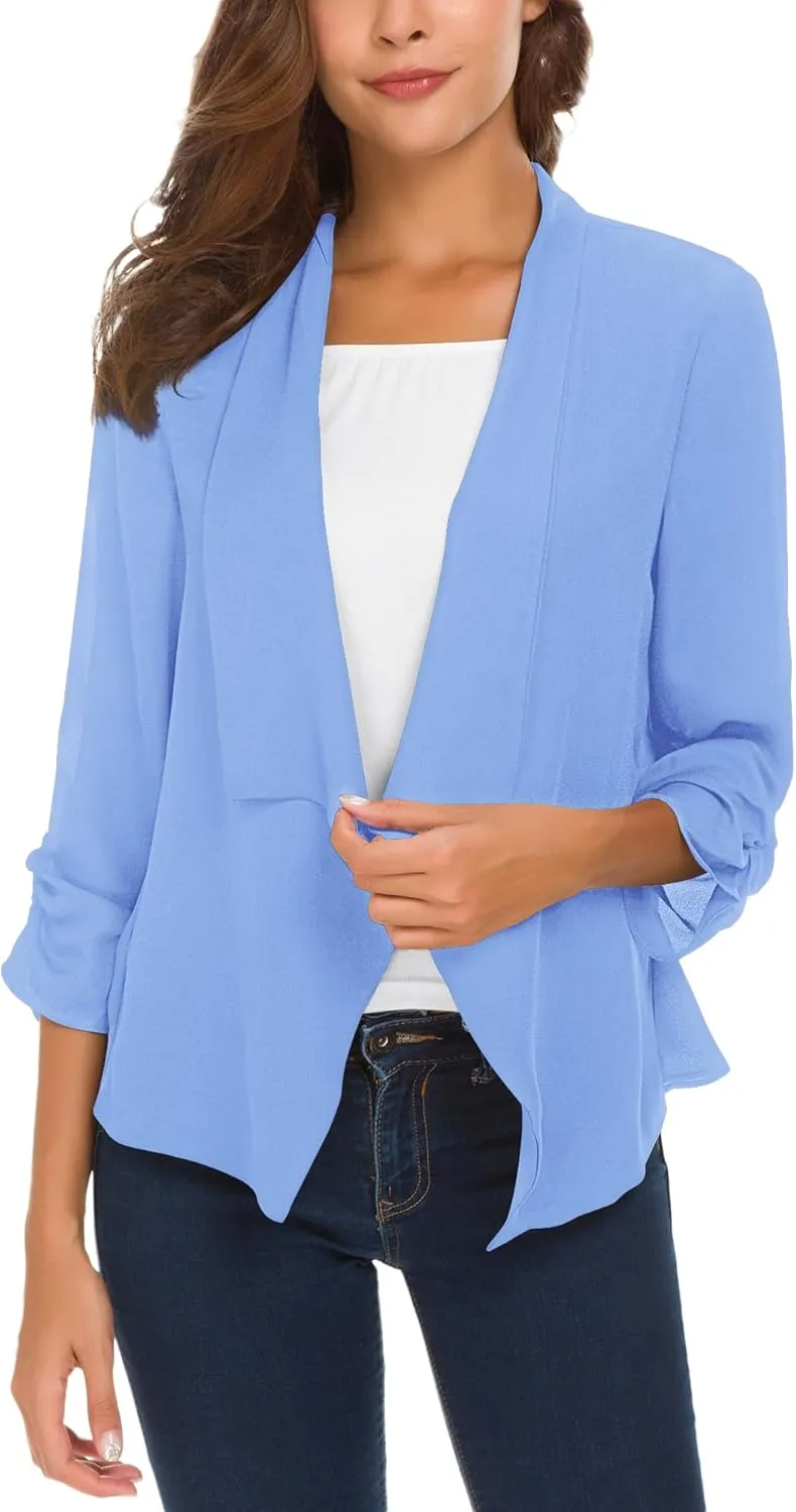 Urban CoCo Women's Ruched Sleeve Lightweight Thin Chiffon Blazer