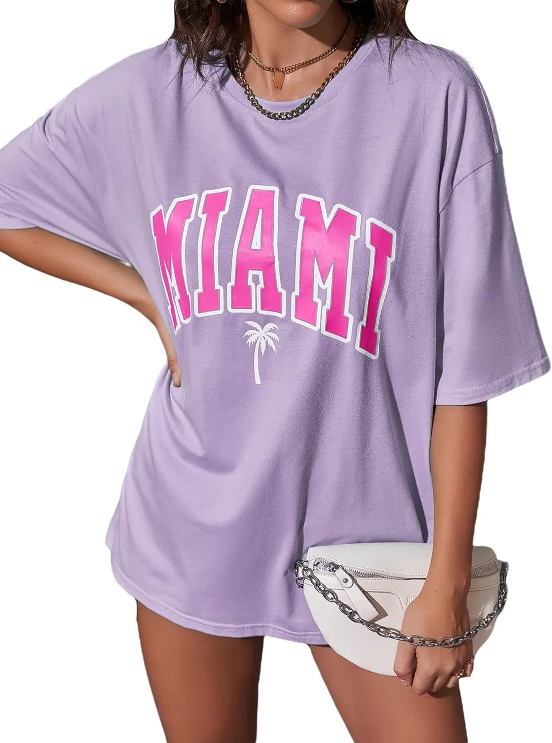 Verdusa Women's Summer Oversized Cute Shirt Graphic Print Short Sleeve Tunic Tops Casual Loose Drop Shoulder Crew Neck Tee