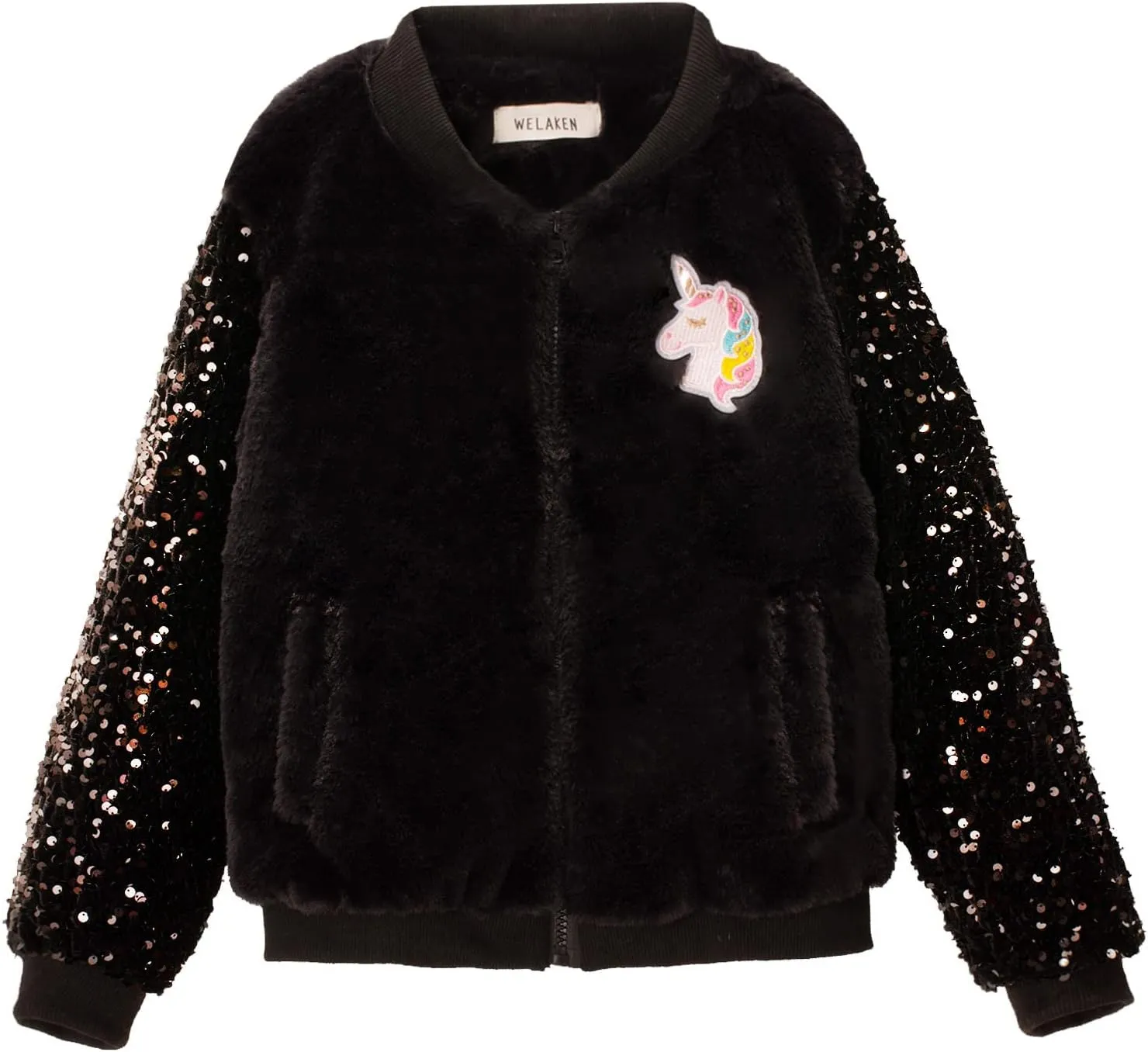 WELAKEN Girls Unicorn Fleece Full-zip Sequin Sleeves Jacket with Pocket for Toddler & Kids