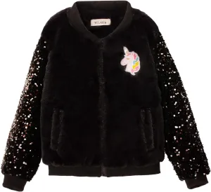WELAKEN Girls Unicorn Fleece Full-zip Sequin Sleeves Jacket with Pocket for Toddler & Kids