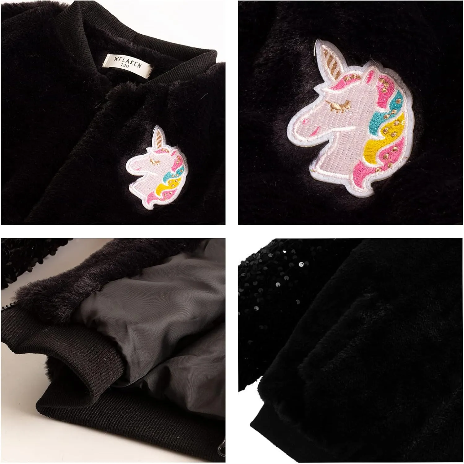 WELAKEN Girls Unicorn Fleece Full-zip Sequin Sleeves Jacket with Pocket for Toddler & Kids