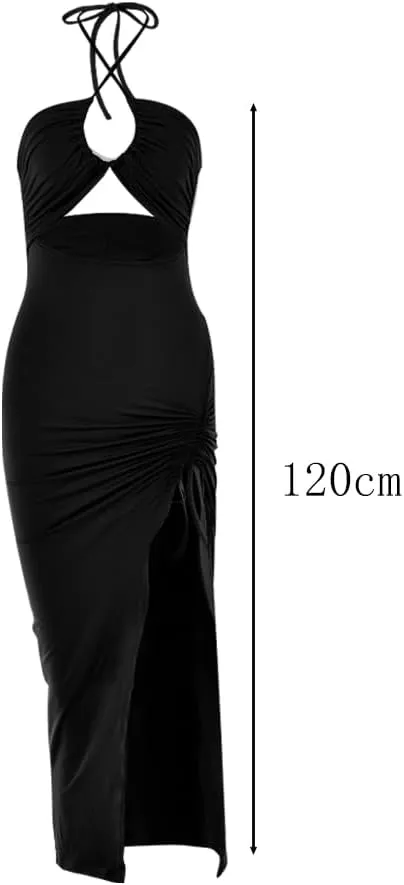 Women Sexy Ruched High Split Bodycon Maxi Dress Sleeveless Hollow Out Halter Party Cocktail Long Dress