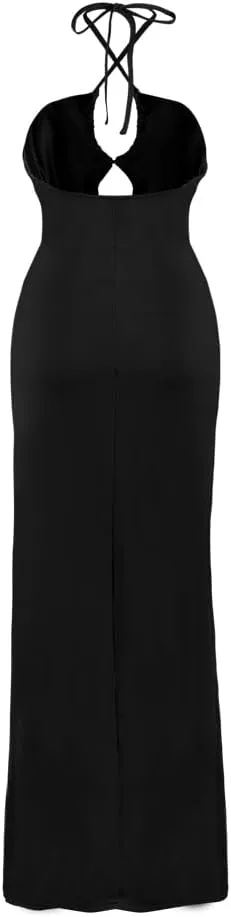 Women Sexy Ruched High Split Bodycon Maxi Dress Sleeveless Hollow Out Halter Party Cocktail Long Dress