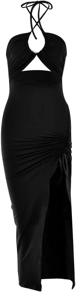 Women Sexy Ruched High Split Bodycon Maxi Dress Sleeveless Hollow Out Halter Party Cocktail Long Dress