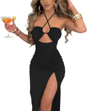 Women Sexy Ruched High Split Bodycon Maxi Dress Sleeveless Hollow Out Halter Party Cocktail Long Dress