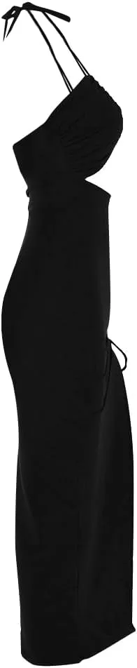 Women Sexy Ruched High Split Bodycon Maxi Dress Sleeveless Hollow Out Halter Party Cocktail Long Dress