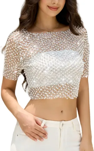Women's Pearl Mesh Sheer Crop Top Sparkly Short Sleeve Glitter See Through Sexy Tee Shirt for Casual Party Club