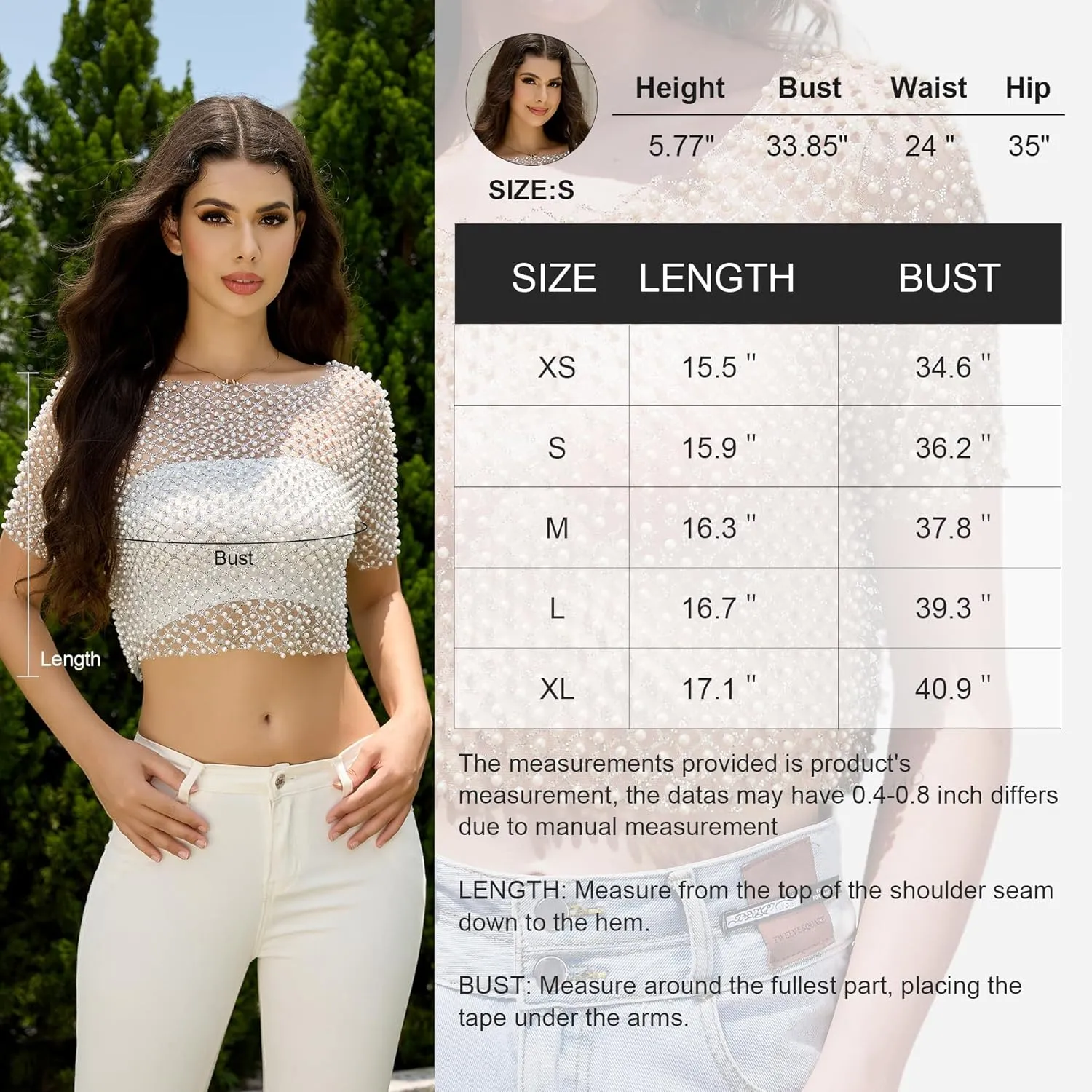 Women's Pearl Mesh Sheer Crop Top Sparkly Short Sleeve Glitter See Through Sexy Tee Shirt for Casual Party Club