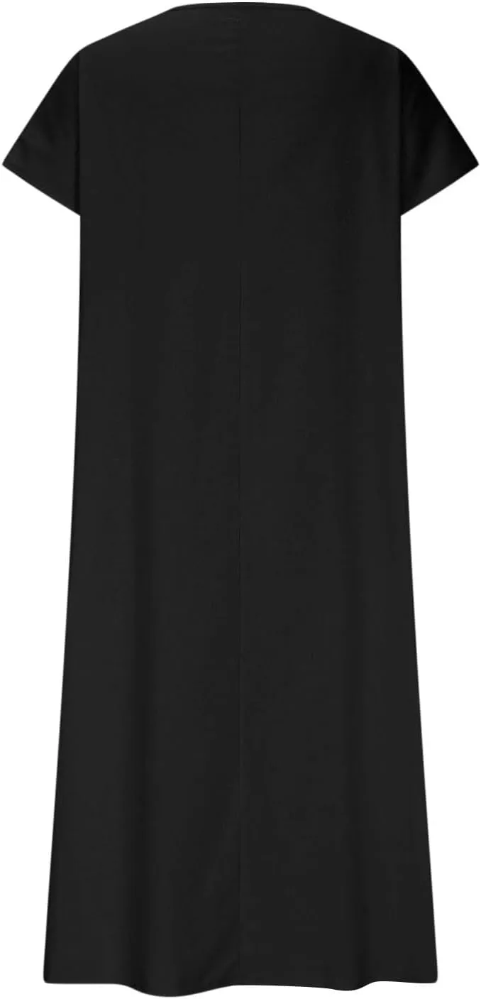 Women's Summer Dresses Short Sleeve V Neck Swing Solid Casual Loose Fit Tea Length Dress Beach Vacation Sundress