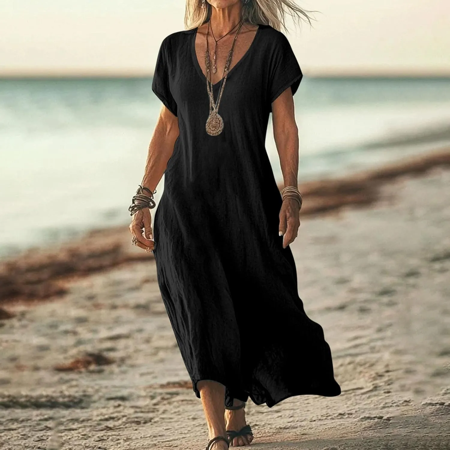 Women's Summer Dresses Short Sleeve V Neck Swing Solid Casual Loose Fit Tea Length Dress Beach Vacation Sundress